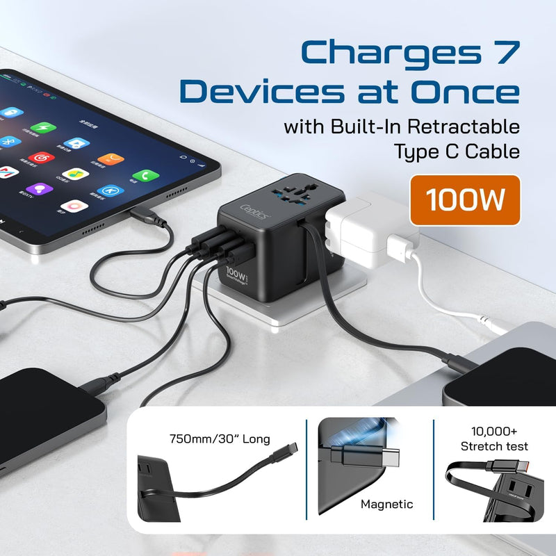 Ceptics GAN 100W Universal Travel Adapter with Retractable USB-C Cable, 2X USB-A & C, Universal Input and 1x USA/JP Input, 7 in 1 Universal Adapter for Worldwide Travel - Type A, C, G, I Output Black/Blue