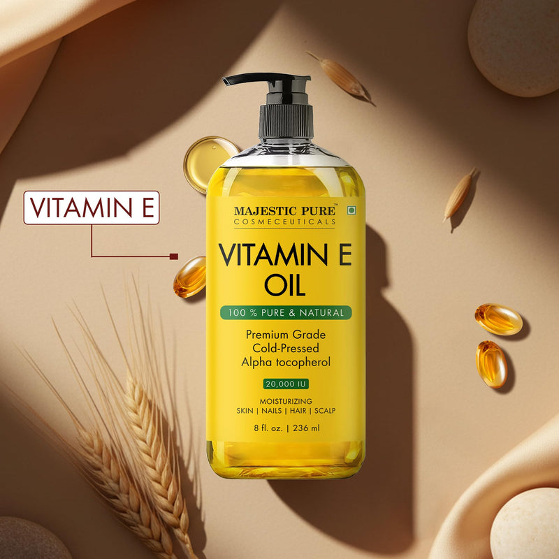 Majestic Pure Vitamin E Oil 100% Pure & Natural Body Oil - 8 Fl Oz | Cold Pressed & Hexane Free Carrier Oil for Moisturizing Dry Skin,Scars, Hair, Eyelashes, Eyebrows, Body, Face, Nails & Scalp 8 Fl Oz (Pack of 1)