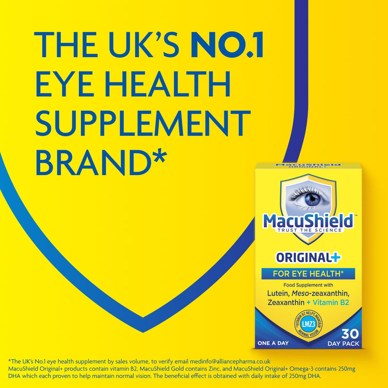 MacuShield Original Plus Capsules - 30-Day Pack, Eye Health Supplement* with Lutein Zeaxanthin and Meso-Zeaxanthin + Vitamin B2 (Riboflavin) which Helps Maintain Normal Vision