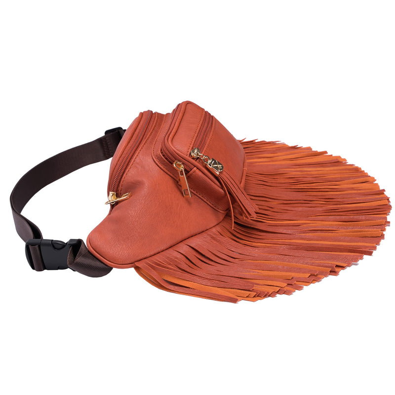Fringe Waist bag for women with Multi Zipper Pockets Orange