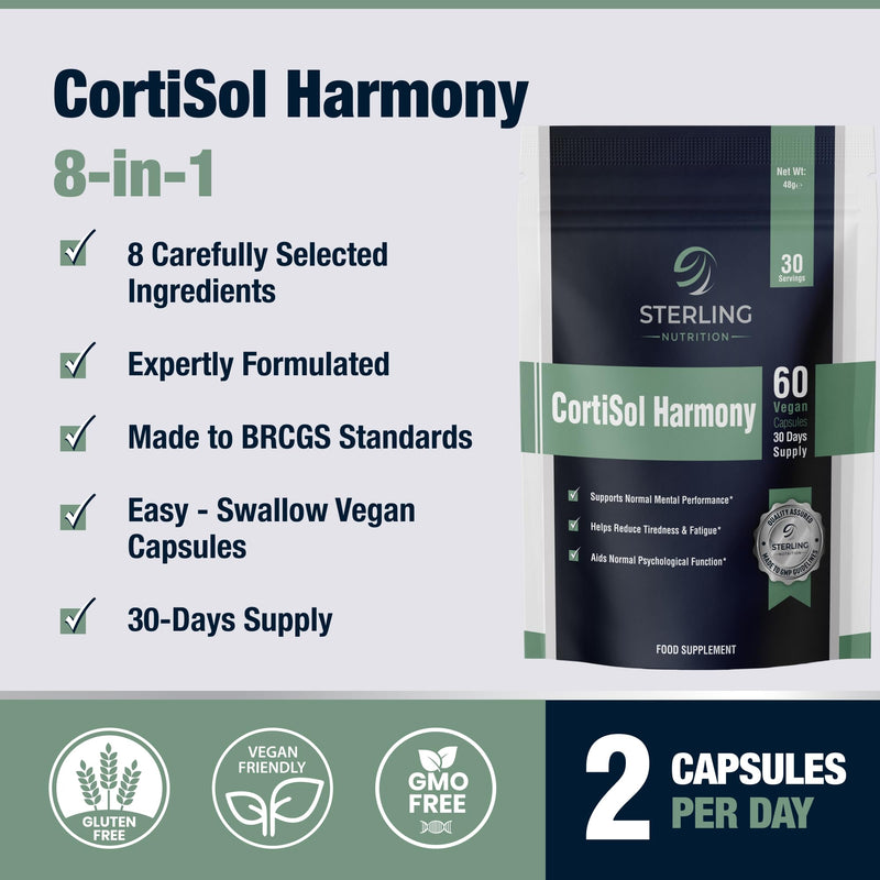 Ashwagandha KSM-66 Cortisol Harmony Formula Capsules with Phosphatidylserine, Rhodiola & L-Theanine for Stress Balance, Normal Mental Performance & Energy | 60 Vegan Capsules | STERLING NUTRITION