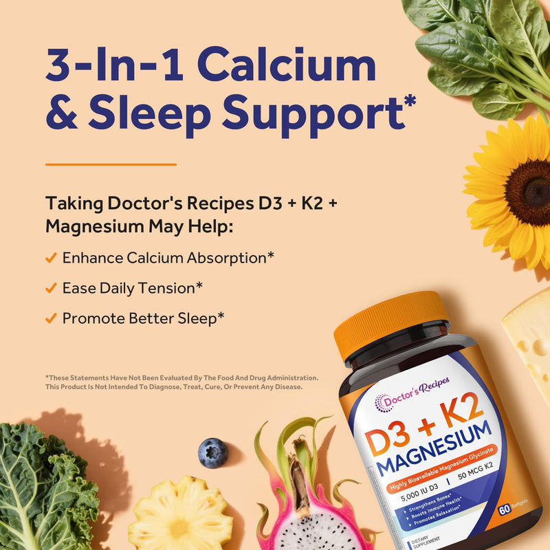 Doctor's Recipes D3+K2+Magnesium, 5000 IU D3, 50 mcg K2, Highly Bioavailable, Chelated Magnesium Glycinate, Non-GMO, No Gluten, for Structure, Immune, Mood, Relaxation Support, 60 Softgels