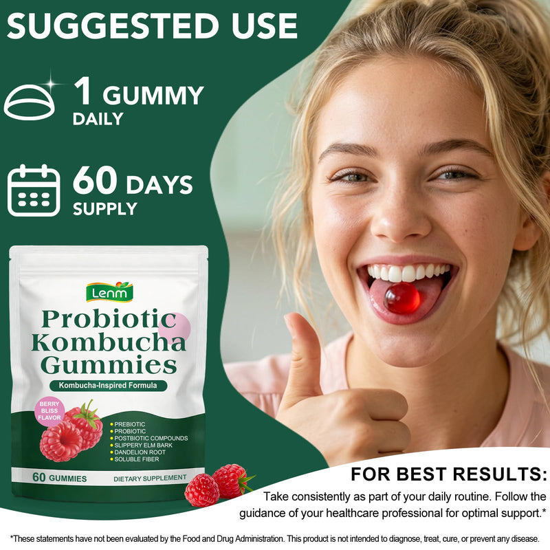Probiotic Kombucha Gummy with Prebiotics, Probiotics & Postbiotics | Digestive Health & Gut Support Supplement | for Men & Women | Berry Bliss Flavor- 60 Gummies