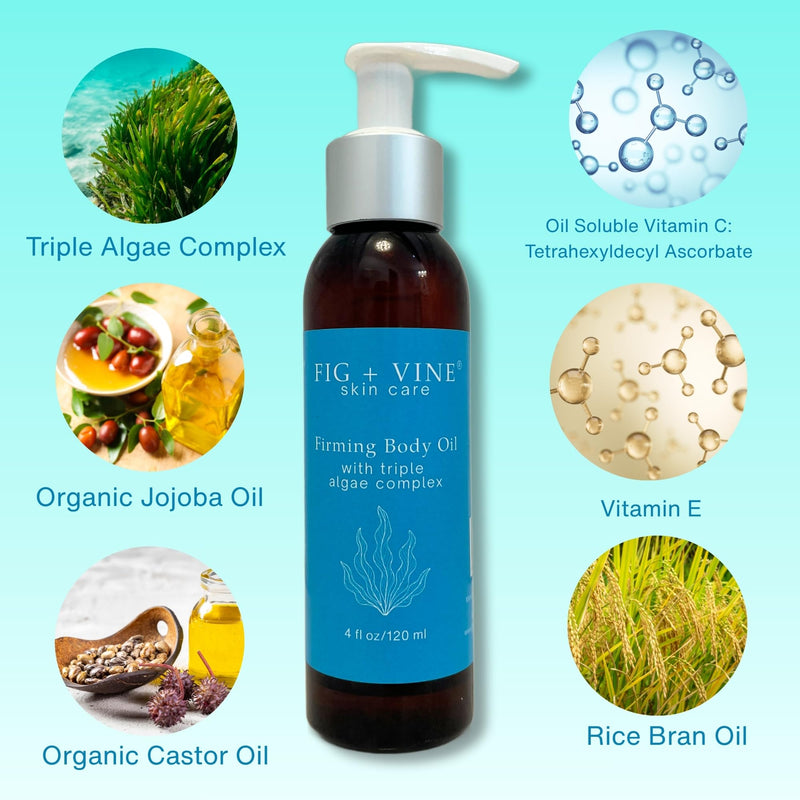 Firming Body Oil Serum with Triple Algae Complex | Non Greasy, Fast Absorbing Moisturizer with Vitamin C, E, Jojoba, Castor for Firming & Brightening | Pistachio, Caramel, Vanilla Scented Body Oil