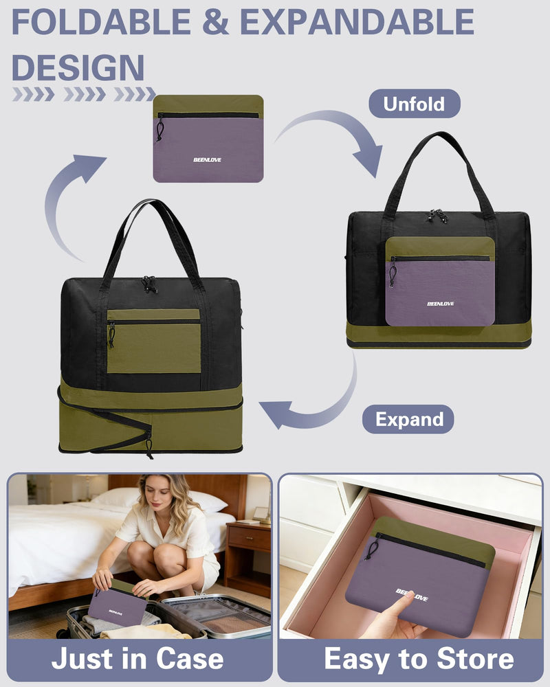 Foldable Travel Bag 46L, Expandable Weekender Duffle Bag with Shoe Compartment, Waterproof Nylon Carry On Bag, Lightweight Personal Item Bag for Women & Men, Folds into a Small Pouch Black
