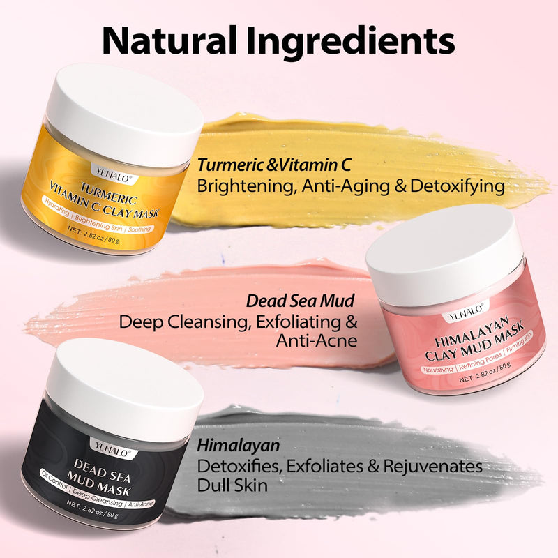 YLNALO Easter Gifts 3 Pcs Clay Facial Mask Set - Turmeric Vitamin C, Dead Sea and Himalayan Clay Skin Care Mask for Deep Cleansing, Moisturizing, and Refining Pores, Spa Facial Mask Set