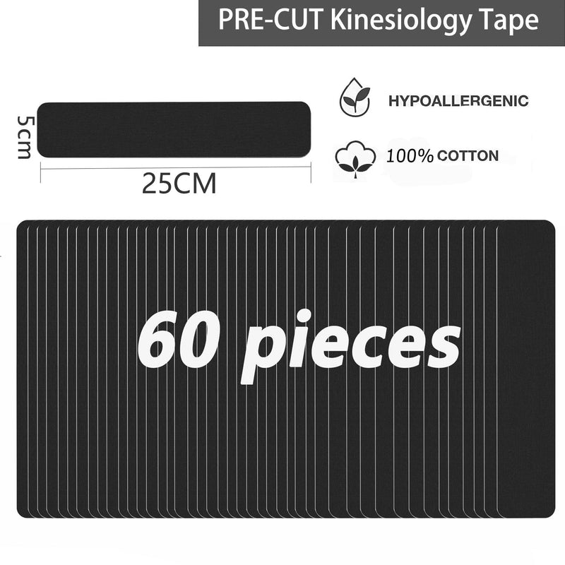 [Australia] - Kinesiology Tape Pro Athletic Sports (3 Rolls,60 Precut Strips) Waterproof Breathable Latex Free Tape for Ankle Wrists Knees Elastic Running Tennis Swimming Football Sports Activities Tapes (Black) 3 pack Black 
