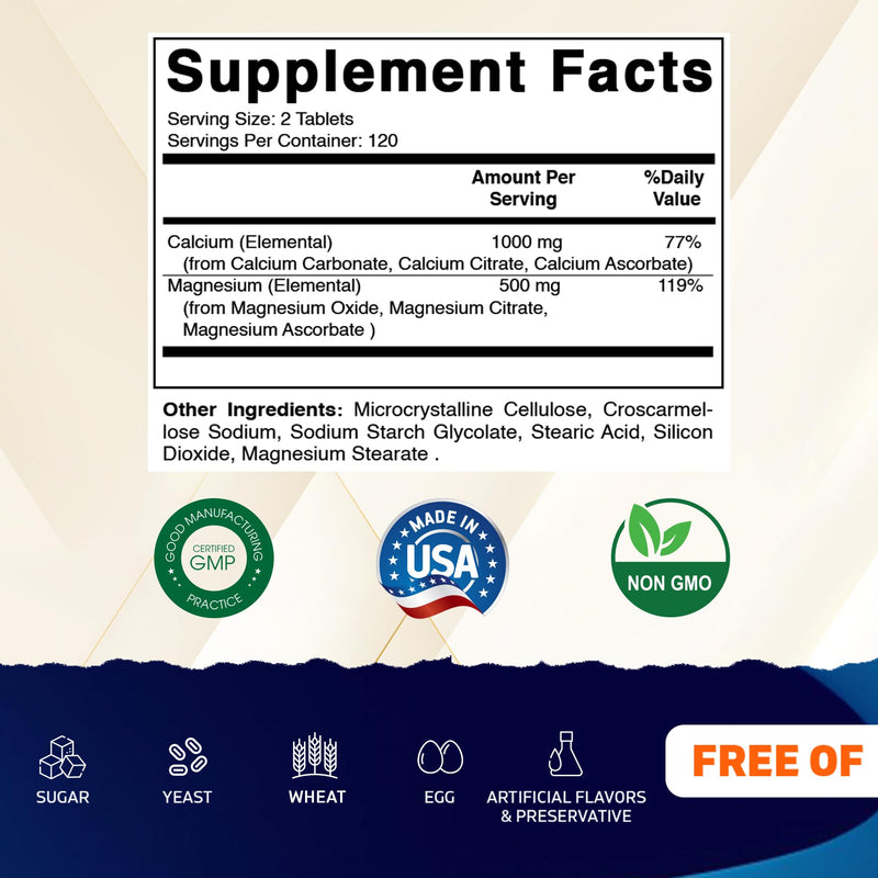 Vitamatic Calcium Magnesium Complex - 1000mg Calcium, 500mg Magnesium, Gluten-Free & Gluten Free - Supplement for Bone Health – 240 Tablets