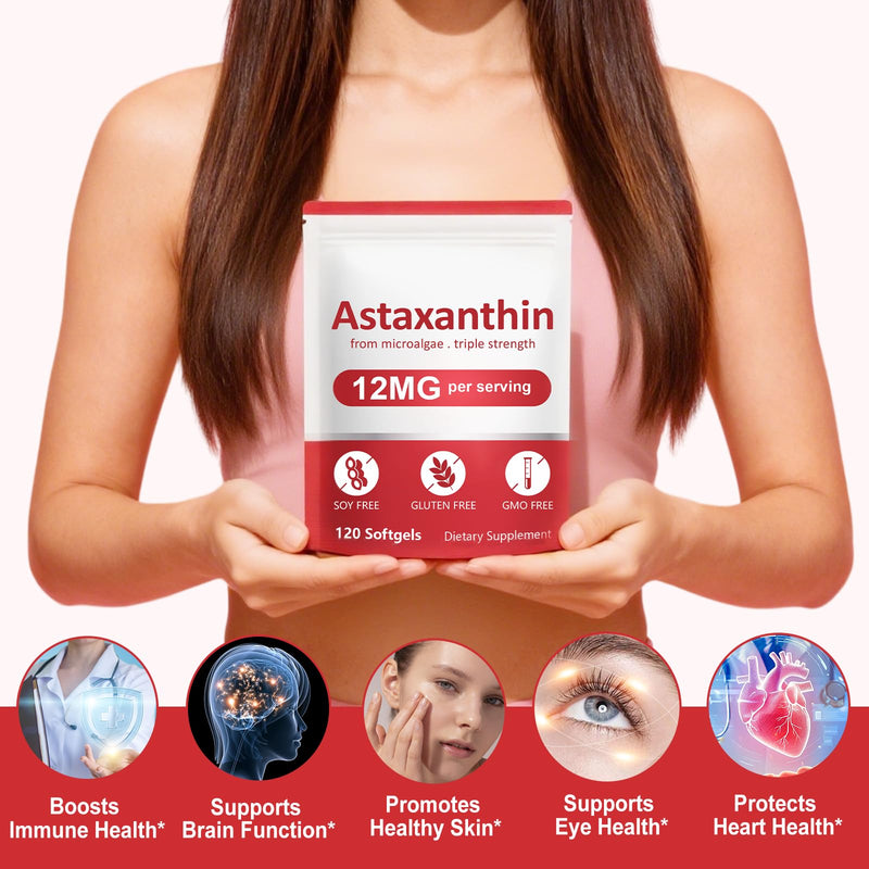 Astaxanthin Supplements, Premium Astaxanthin 12mg Antioxidant with Antioxidant Activity, Supports Eye, Joint, Immune, Skin Health, Internal Circulation, 1Pack(120 Softgels), Non-GMO & No Gluten