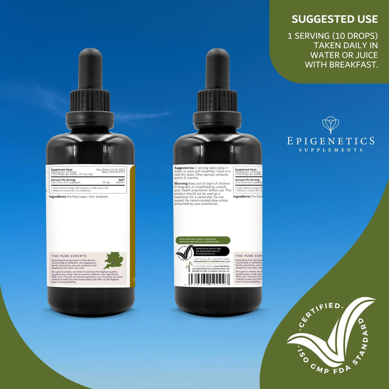 Zinc Sulphate 100ml Liquid Supplement Drops | 4 Months Supply, 133 Servings Per Bottle. No Sugar or Artificial Additives | 100% RI per Serving | UK Made & Vegan