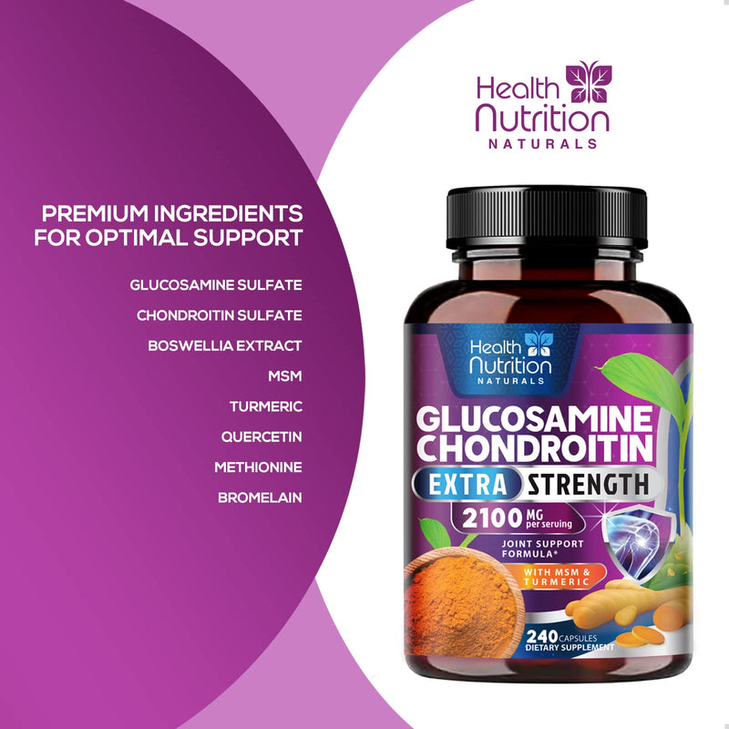 [Australia] - Glucosamine Chondroitin Supplements MSM Complex - Joint Support with Turmeric, Boswellia, Quercetin for Joints, Back, Hands, Bones, Knees & Mobility, Triple Strength Glucosamine Sulfate - 240 Capsules 240 Count (Pack of 1) 