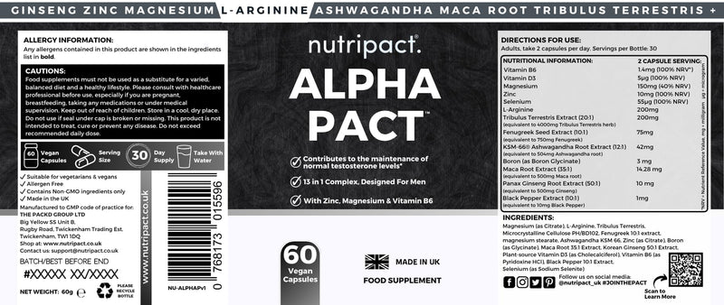Testosterone Support for Men - Alpha Pact by Nutripact with Tribulus Terrestris, Ashwagandha, Maca, Zinc, Boron, Magnesium – 60 Vegan Capsules - Testosterone Supplements for Performance & Vitality