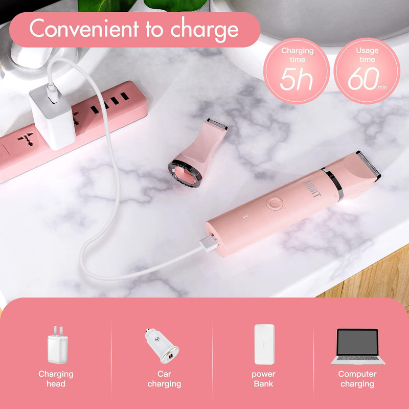 [Australia] - Bikini Trimmer & Gel for Women - 2 in 1 Electric Lady Pubic Hair Groomer Painless Hair Removal Razor Body Shaver, Portable Ladies Shaver with 2 Trimmer Heads, IPX7 Waterproof Pink-1 