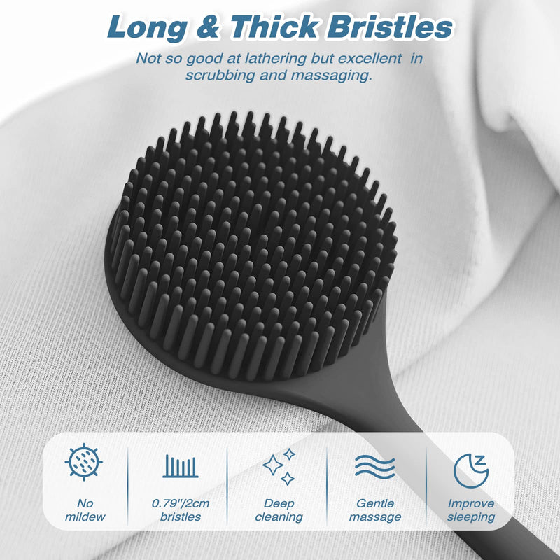 [Australia] - Silicone Back Scrubber(Thick Bristles) & Soft Bath Glove Set, Super-Exfoliating Body Scrubber & Super-Lathering Shower Brush Combination, with a Free Hook.(Black) Thick Bristles Set Black 