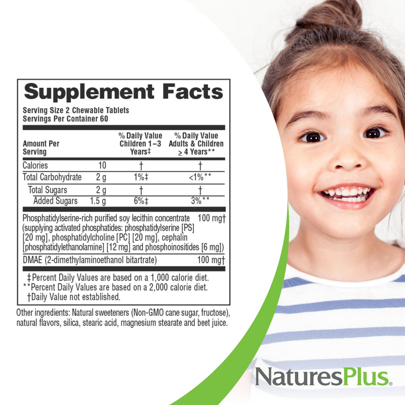NaturesPlus Pedi-Active - 120 Chewable Tablets - Mixed Berry Flavor - Children's Supplement with DMAE - Promotes Brain Health & Focus - Vegetarian, Gluten-Free - 60 Servings 120 Vegetarian Tablets