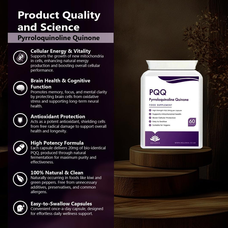 PQQ Supplement 20mg | Pure Pyrroloquinoline Quinone - High Strength | 60 Vegan PQQ Capsules | Energy, Brain, Cell Health, Mitochondria & Anti-Ageing Support | 2-Month Supply Made in the UK by Hellenia