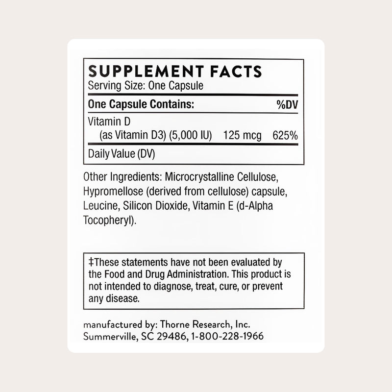 THORNE Vitamin D-5,000, Vitamin D3 Supplement, 5,000 IU, 120 Capsules 120 Count (Pack of 1)