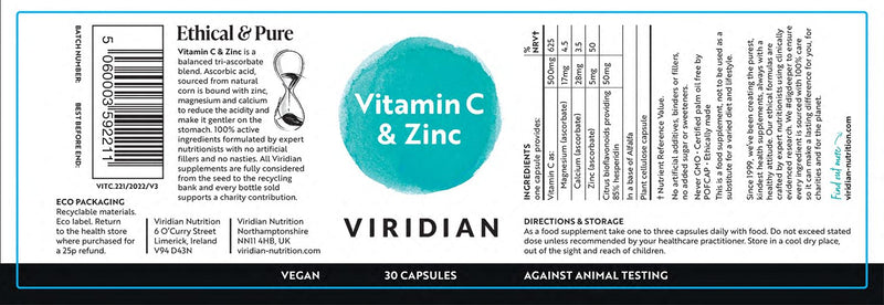 Viridian - Vitamin C 500mg & Zinc – 30 Caps | Tri-Mineral Ascorbate Formula | Buffered with Magnesium, Zinc and Calcium | Supports Normal Immunity | Nutritionist Formulated 30 count (Pack of 1)