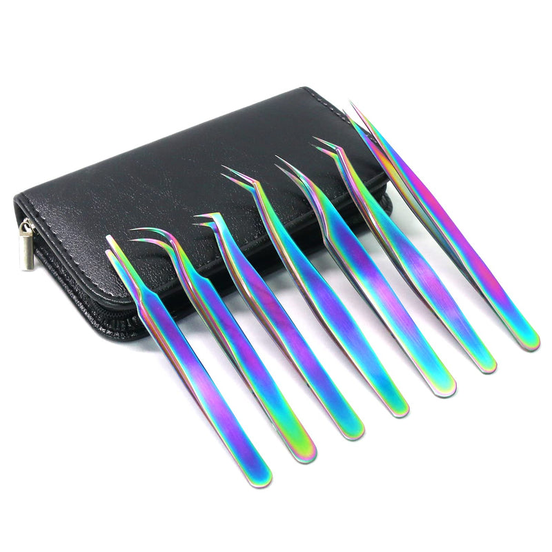 Eyelash Extension Tweezers Set, Fangze 7 Pcs Lash Kit Rainbow Stainless Steel Straight and Curved Tweezer for Nail Art Ingrown Hair Craft Eyelash Extension Tweezers