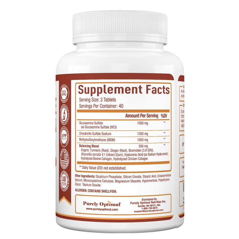 [Australia] - Purely Optimal Premium Glucosamine Chondroitin MSM Supplement Tablets w/Turmeric & Boswellia - Glucosamine Sulfate Joint Supplement for Men & Women 