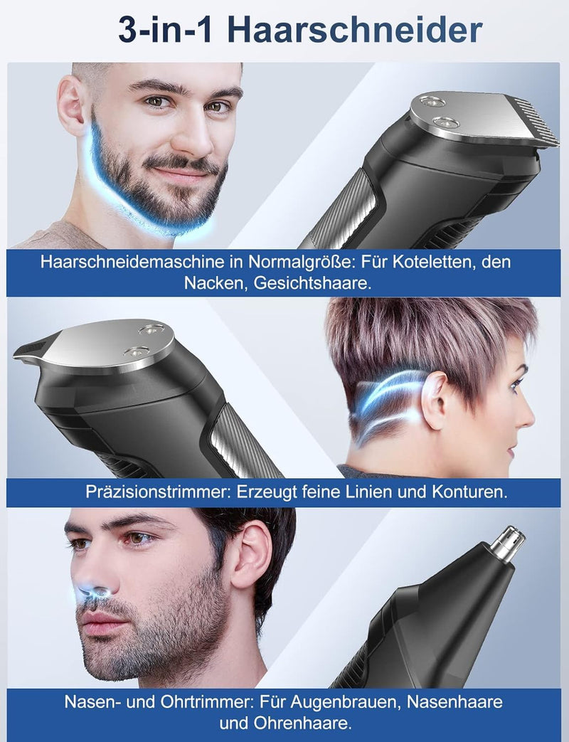 [Australia] - Beard trimmer men's hair trimmer, all-in-1 beard trimmer, nose hair trimmer, wireless, USB rechargeable and waterproof electric razor with 7 attachment combs, ultra-sharp blade TC-509 