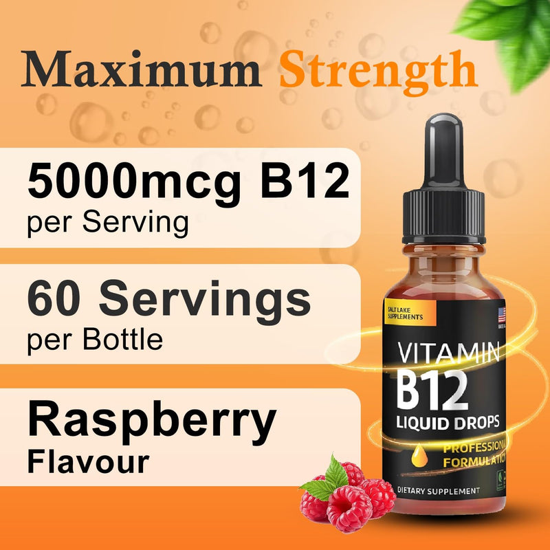 Vitamin B12 Liquid Drops - 60 x 5000 mcg Vegan B12 Sublingual | Extra Strength Raspberry Flavored Methylcobalamin B-12 Supplement Designed to Maximize Absorption & Energy, Gluten Free