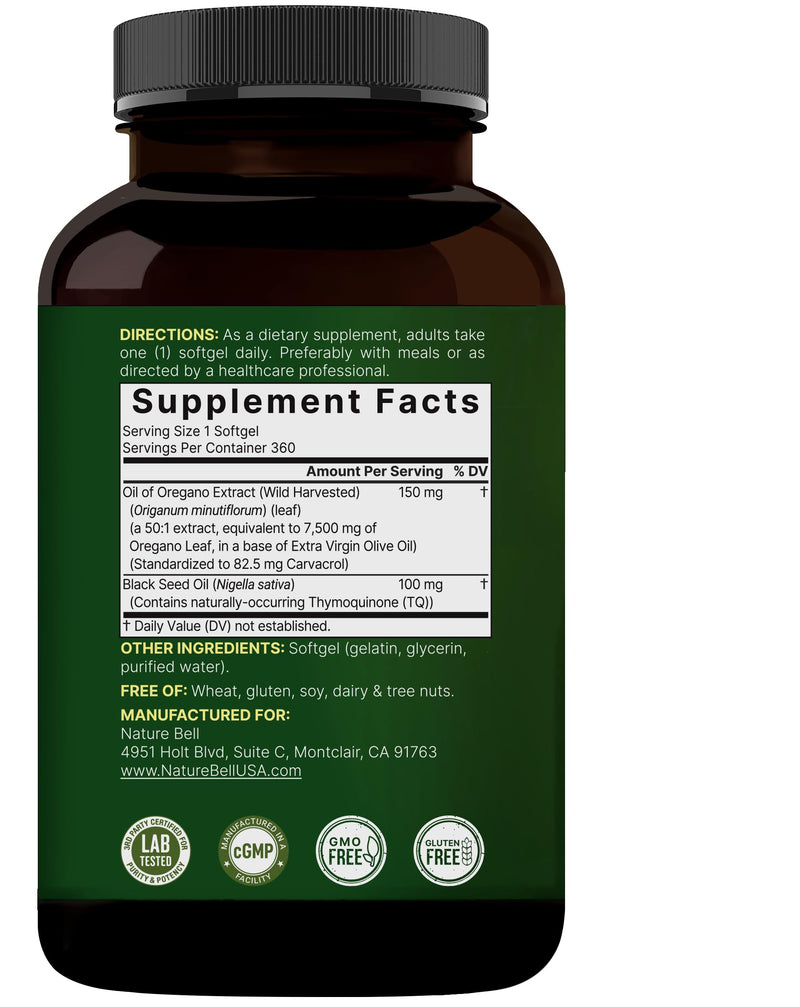 [Australia] - NatureBell Oregano Oil 7,500mg with Black Seed Oil, 360 Softgels | 360-day Supply Essential Oils for Immune Health | Retains High Concentrated Carvacrol & Thymoquinone ‚Äì Non-GMO 