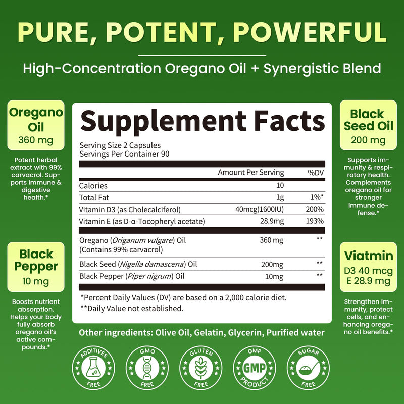 [Australia] - Oregano Oil Capsules Organic, 5-IN-1 with Black Seed Oil, Vitamins D3 & E, Black Pepper for Enhanced Absorption, 99% Carvacrol ‚Äì Immune, Respiratory & Digestive*‚Äì180 Caps, 3 Months Supply, Non-GMO 180 Count (Pack of 1) 