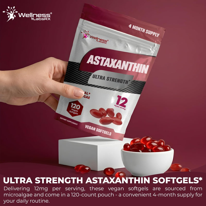 Liposomal Astaxanthin Supplement 12mg, 120 Vegan Softgels, 4 Month Supply | Natural Haematococcus Pluvialis Source, Skincare and Eye Support, Antioxidant Support, Eye Health Vitamins Astaxantina