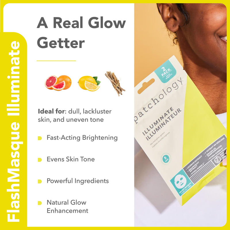 Patchology Face Mask Variety Pack - Illuminating Face Mask with Vitamin C stimulates collagen, Hydrating Face Masks with Hyaluronic Acid soften skin, Renewing Face Masks with Strawberry (6 Masks)