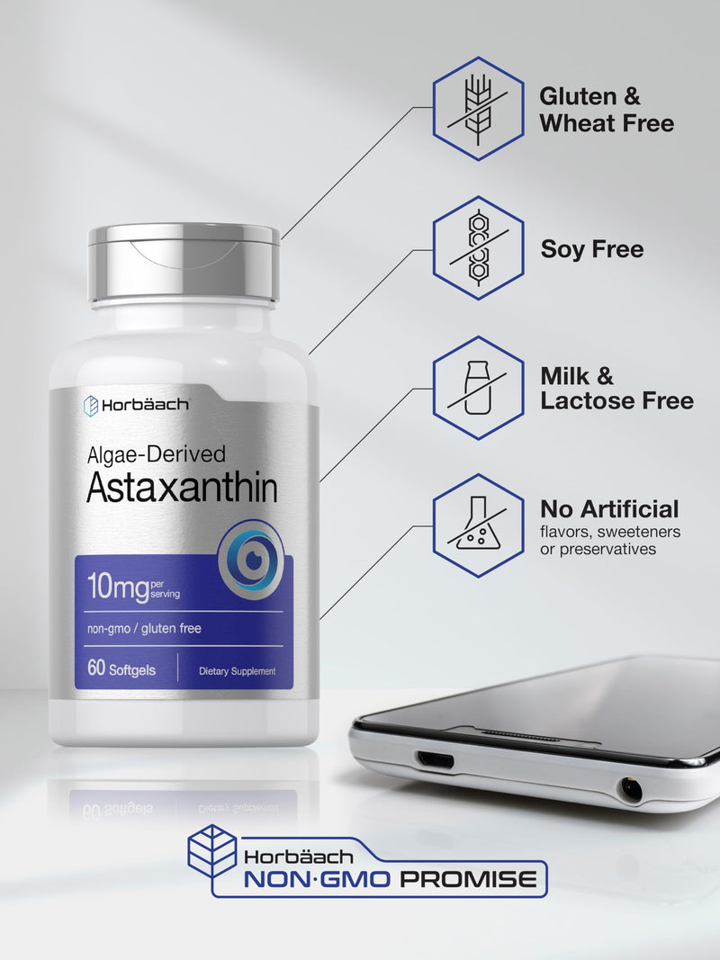 Horbäach Astaxanthin 10mg | 60 Softgels | Algae Derived Formula | Non-GMO, Gluten Free Supplement