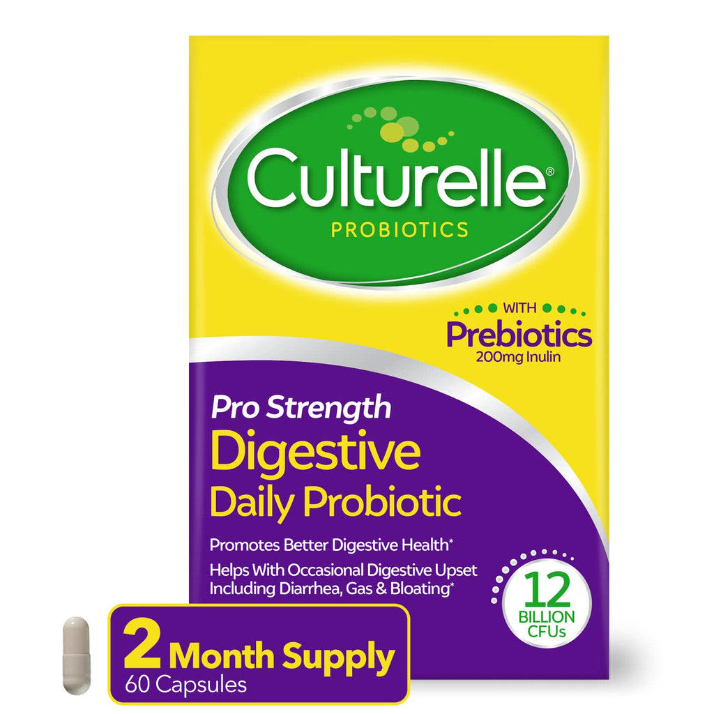 Culturelle Pro Strength Daily Probiotics For Digestive Health (2 Month Supply) with Prebiotics for Women & Men, Supports Occasional Diarrhea, Gas & Bloating, Gluten & Soy Free, 60 Count Unflavored 60 Count (Pack of 1)