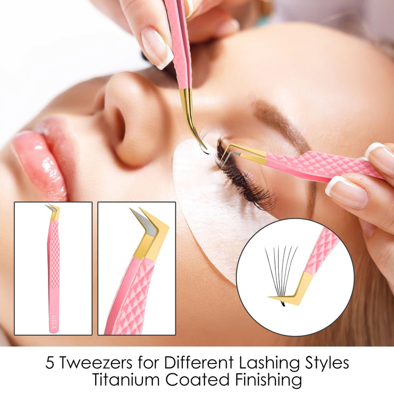 GTEX Fiber Tip Lash Tweezers For Eyelash Extension Set of 5, Professional Eyelash Tweezers For Lash Extensions - 90 45 Degree Curved Volume Tweezer Pink