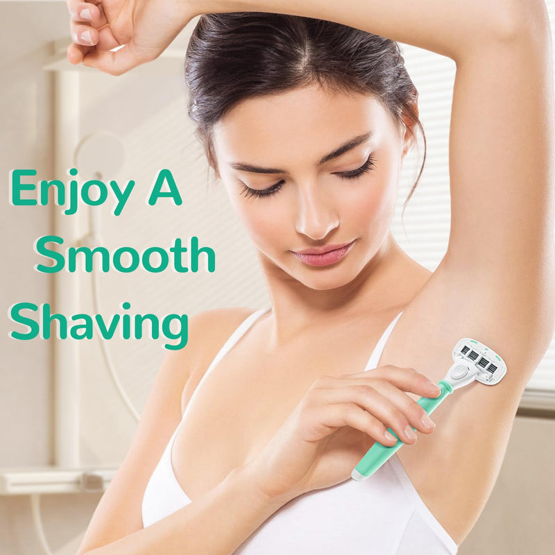 Razors for Women Include 2 Non-Slip Handles and 14 Blade Refills with a Shower Holder, 5 Premium Blades Women's Razors for Shaving with 360° Lubrication Reduces Irritation, Green