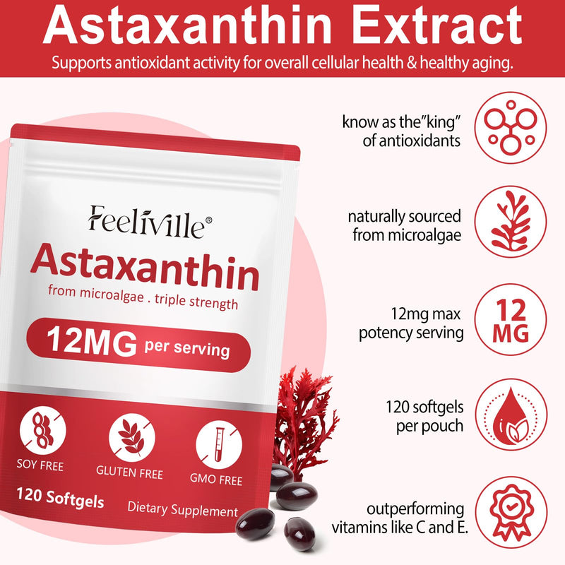 Astaxanthin 12mg 120 Softgels, Premium Astaxanthin Antioxidant Supplements with Antioxidant Activity, Supports Eye, Skin, Immune, Internal Circulation