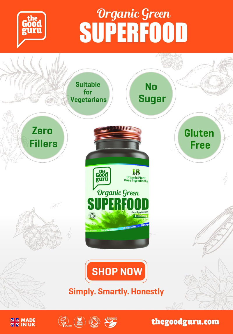 Organic Green Superfood Supplement Capsules - 90 Capsules with 18 Nutritious Ingredients