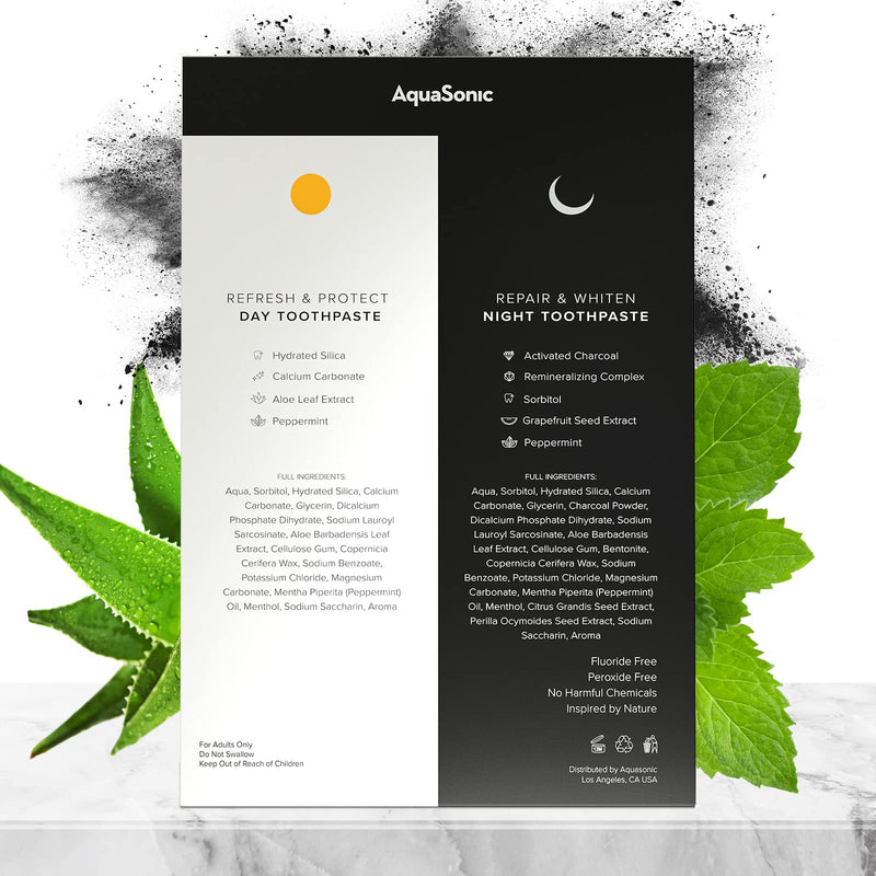 AquaSonic Complete Care Toothpaste - Refresh & Protect Day, Repair & Whiten Night - Fluoride Free Natural, Anti-cavity, Anti-plaque, Reharden, Strengthen, Whiten, Detoxify