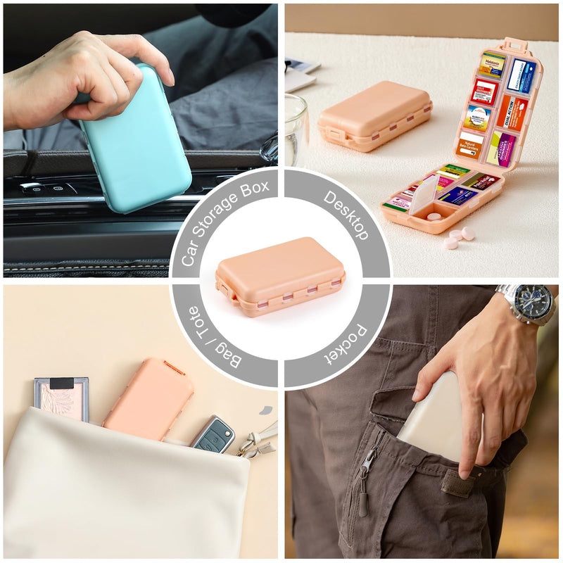 3 Pack 14 Grids Travel Pill Organizer Box with 415-Pcs Medicine Name Labels - Pocket Daily Pharmacy Case Container Kit - Travel Medication Holder Dispenser for Fish Oil Vitamin, Khaki+Pink+Sky Blue Khaki+pink+blue with Bulk Med Labels