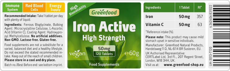 Greenfood Iron Active, 50 mg, Extra high dose, 120 Tablets, high Availability, Excellent tolerability, Vegan - Important for Blood Formation, Energy and Immune System.