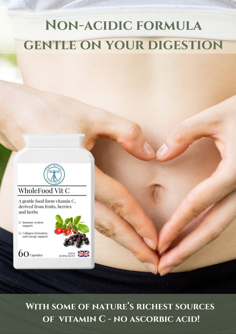 WholeFood VIT C - 100% Natural - NO Ascorbic Acid - HIGH Bioavailability - Acerola Cherry, Rosehip, Blackcurrant, Parsley Leaf, Elderberry - 60 Capsules