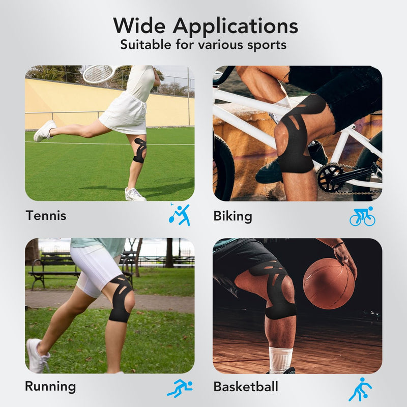 [Australia] - Kinesiology Tape for Knees 12 Pcs, PreCut Athletic Knee Tape for Knee Pain Relief- Brace & Elastic Supports- Waterproof & Breathable Hypoallergenic Latex-Free Tape Black 