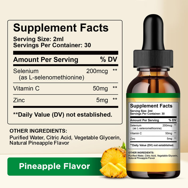 [Australia] - Selenium Liquid Drops, 200mcg Liquid Selenium Supplement with Vitamin C & Zinc, Support for Immune System, Antioxidant & Heart Health, High Absorption, Pineapple Flavor, 2 Fl Oz Pineapple-200mcg Selenium 2 Fl Oz (Pack of 1) 