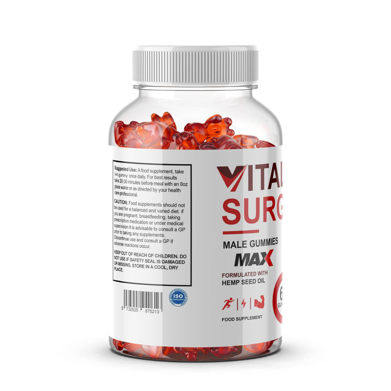 Vital Surge MAX Male Enhancement Gummies - 60 Gummies, Natural Vitality Support for Men with Herbal Blend & Nutrients, Vegan, GMP-Certified, Supplement Heaven