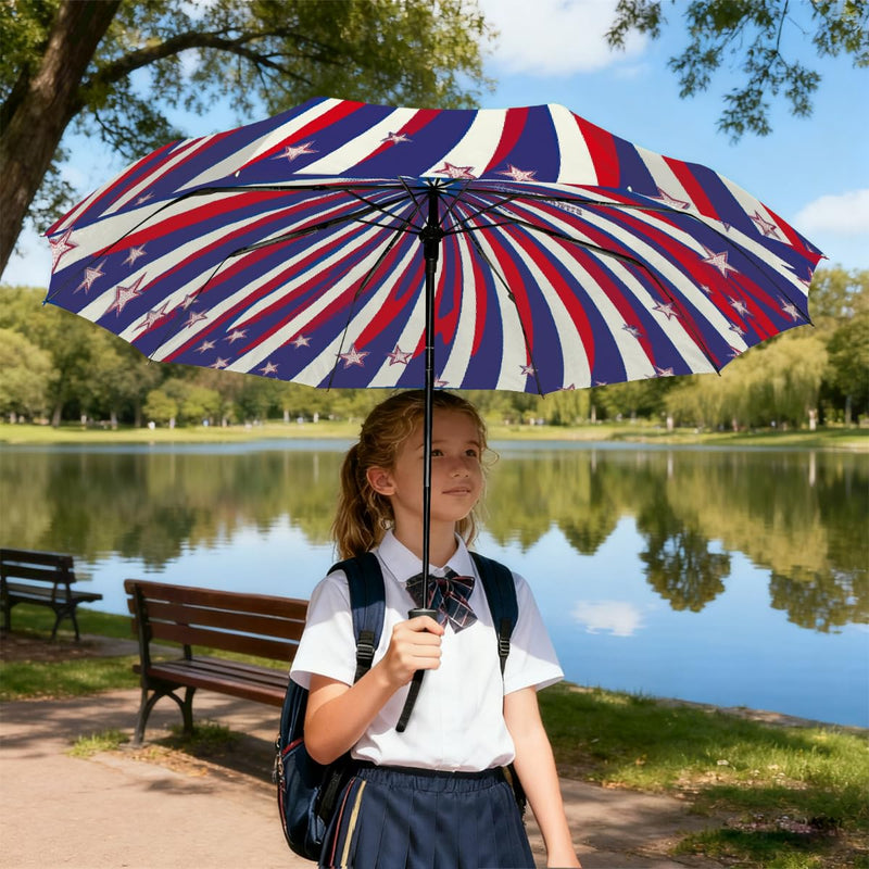 Auto Open Close Umbrellas for Rain and Sun,Folding Windproof Travel Umbrella American Red White Blue Stars Spiral Stripes for Women Men
