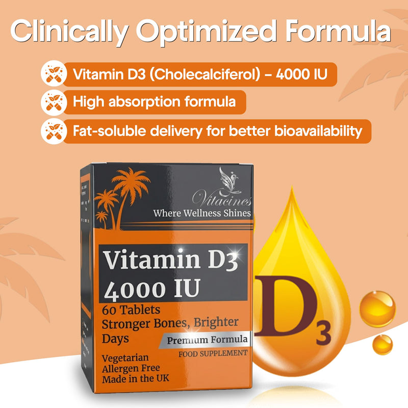 Vitamin D3 4000 IU Tablets | 60 Tablets | Vegetarian, Halal & Kosher Certified | Allergen Free, Gluten Free, Non GMO | Immune, Bone & Muscle Support | Made in The UK | 2 Month Supply