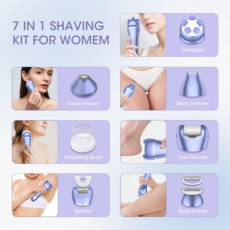 [Australia] - Electric Shavers for Women, 7 in 1 Hair Removal Kit with Epilator Bikini Trimmer Face Razor Body Brush Face Massager Foot Callus Remover, IPX7 Waterproof Lady Razors Set for Legs Armpit Bikini Pubic Purple-1 