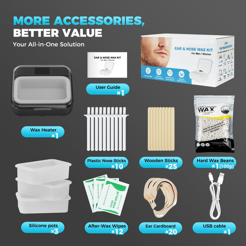 [Australia] - Nose Wax Kit Men,Nose Hair Waxing Kit with Adjustable LED Display,Ear Hair Removal Kit for Men Women 100 g Wax 70 Applicators,Constant Temp,USB Heated,Pocket-Size,Black Black 