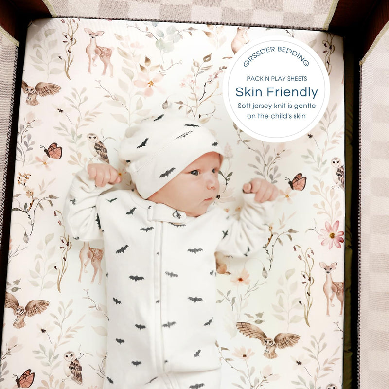 [Australia] - Pack n Play Sheets FItted 2 Pack, Stretchy Ultra Soft Jersey Knit Pack and Play Sheets, Universal Fitted Portable/Mini Crib Mattresses Snug and Safe, Beautiful Blush Pink Floral and Cute Animals Print 