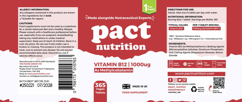 Vitamin B12 1000mcg – 365 Easy to Swallow Tablets (1 Year Supply) - High Strength VIT B12 Supplement for Energy, Tiredness & Fatigue and Immune System – Vegan