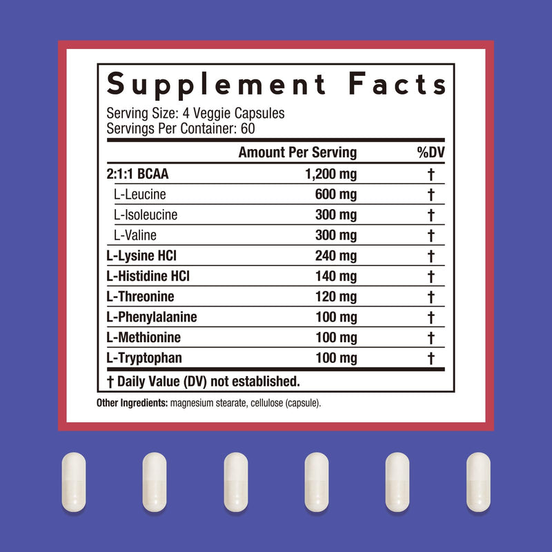 Doctor's Recipes Essential Amino Acids Supplement, All 9 Essential Amino Acids (EAA), BCAA 2:1:1, 240 Veggie Capsules